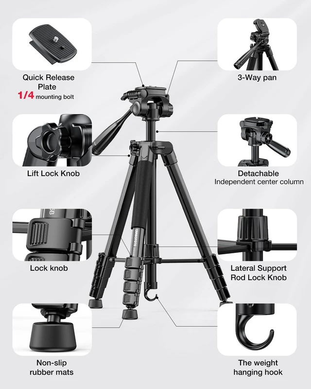 Alt view image 6 of 6 - CAMBOFOTO 73" Camera Tripod and Monopod, Aluminum Tripod Stand/Black