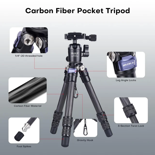 Alt view image 3 of 6 - AOKA 15.75"/0.99lb Carbon Fiber Mini Desktop Tripod with 360° Ball Head