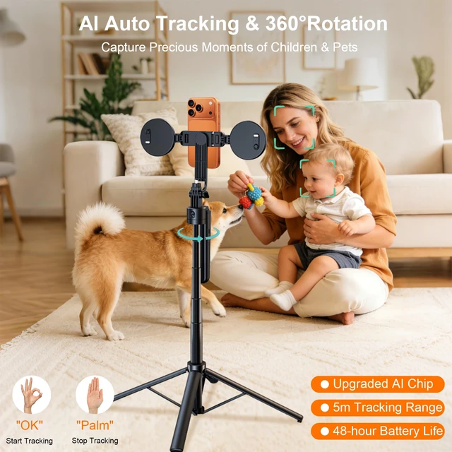 Alt view image 2 of 7 - Auto Face Tracking Tripod for iPhone with Light and Remote Phone Stand