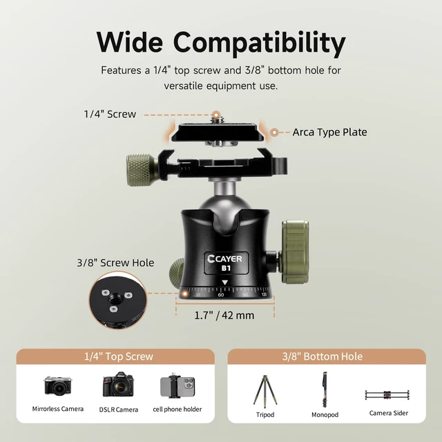 Alt view image 2 of 7 - Cayer CH35 Travel Tripod, 53.6" Carbon Fiber Tube with Compact Ball Head