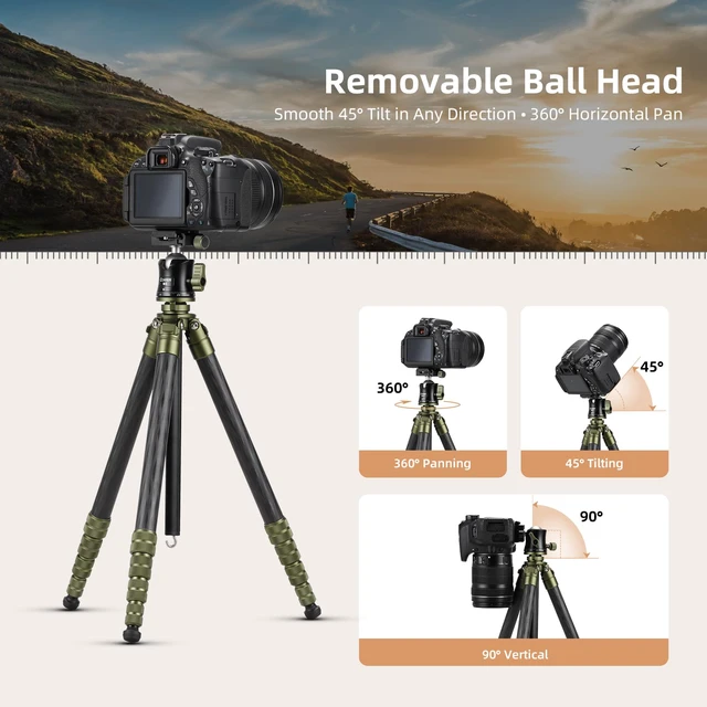 Alt view image 3 of 7 - Cayer CH35 Travel Tripod, 53.6" Carbon Fiber Tube with Compact Ball Head