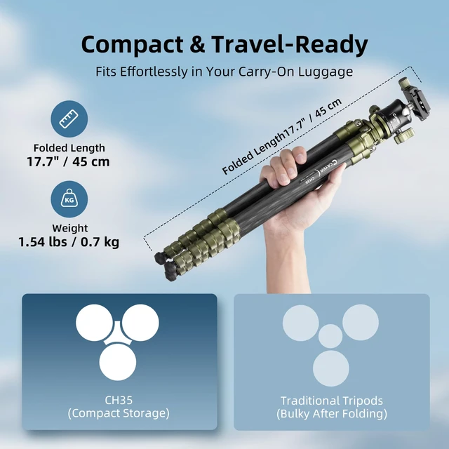 Alt view image 4 of 7 - Cayer CH35 Travel Tripod, 53.6" Carbon Fiber Tube with Compact Ball Head
