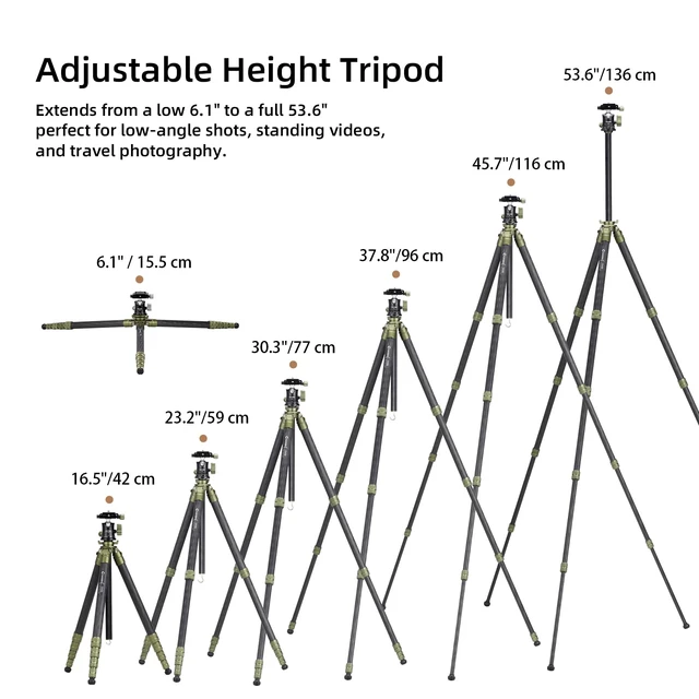Alt view image 5 of 7 - Cayer CH35 Travel Tripod, 53.6" Carbon Fiber Tube with Compact Ball Head
