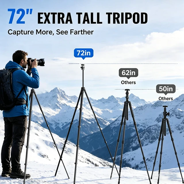 Alt view image 4 of 7 - 72" Travel Tripod for Camera and Phone, Lightweight Aluminum Tripod with Arca Ball Head, Phone Holder, Quick-Release Plate, Wireless Remote & Carry Bag for DSLR Smartphone Video Recording