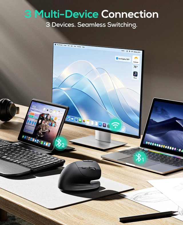Alt view image 3 of 7 - Nulea Ergonomic Vertical Wireless Mouse with Horizontal Scroll Wheel
