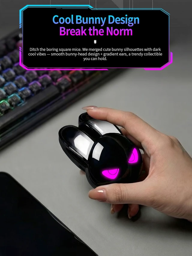 Alt view image 3 of 7 - Wireless Gaming Mouse, RGB Light Eyes, Evil Bunny Design, 2.4G/BT