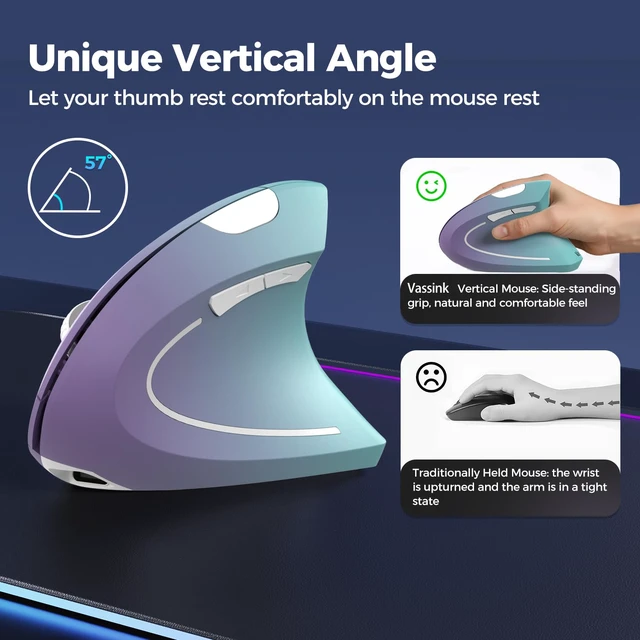 Alt view image 3 of 7 - Vassink Ergonomic Wireless Rechargeable Mouse,USB A+TypeC(2in 1) Connection, 800/1200/1600 DPI, 6 Buttons,2.4GHz Carpal Tunnel Vertical Mice, for Laptop, Desktop,MacBook