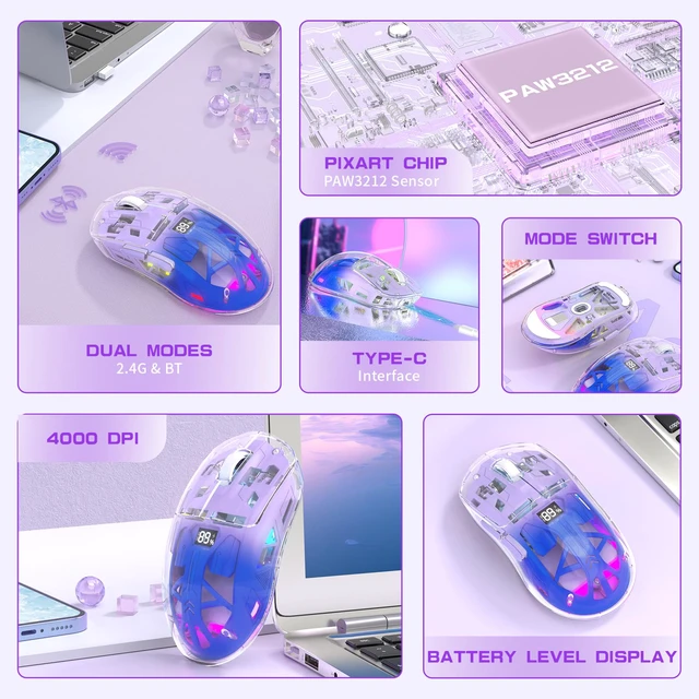 Alt view image 2 of 7 - ZIYOU LANG A2 Transparent Wireless Gaming Mouse with Battery Level Display,Bluetooth/2.4G Wireless PC Mice,3D RGB Backlit,5 Million Clicks,PixArt 3212,up to 4000 DPI for Win/MAC,Purple