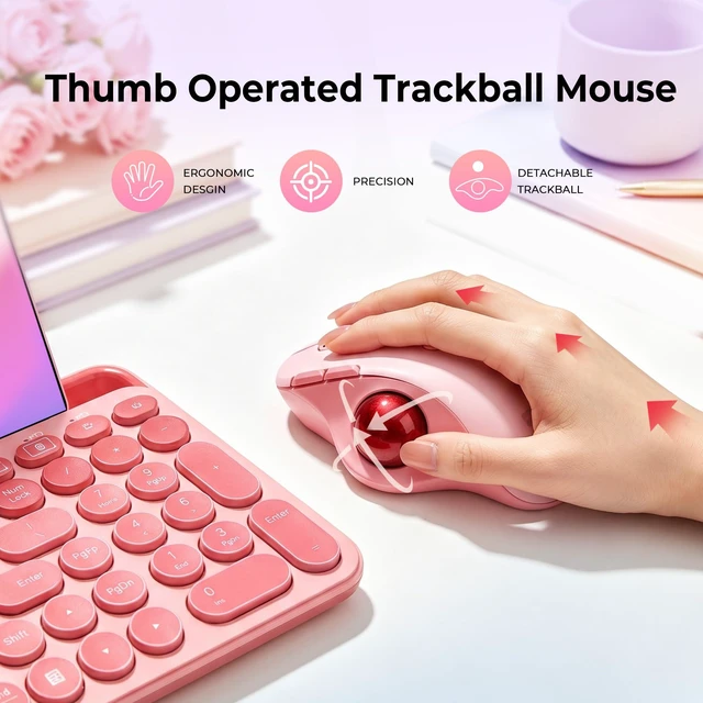 Alt view image 2 of 7 - seenda Wireless Trackball Mouse, Ergonomic Bluetooth Rollerball Mouse,Pink
