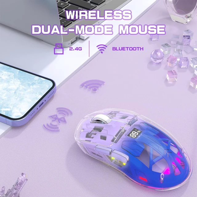 Alt view image 3 of 7 - ZIYOU LANG A2 Transparent Wireless Gaming Mouse with Battery Level Display,Bluetooth/2.4G Wireless PC Mice,3D RGB Backlit,5 Million Clicks,PixArt 3212,up to 4000 DPI for Win/MAC,Purple
