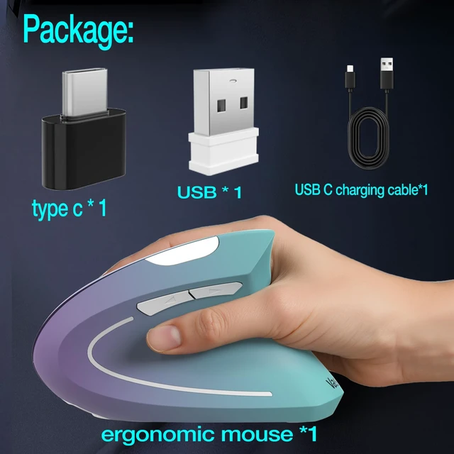 Alt view image 7 of 7 - Vassink Ergonomic Wireless Rechargeable Mouse,USB A+TypeC(2in 1) Connection, 800/1200/1600 DPI, 6 Buttons,2.4GHz Carpal Tunnel Vertical Mice, for Laptop, Desktop,MacBook