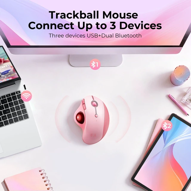 Alt view image 7 of 7 - seenda Wireless Trackball Mouse, Ergonomic Bluetooth Rollerball Mouse,Pink