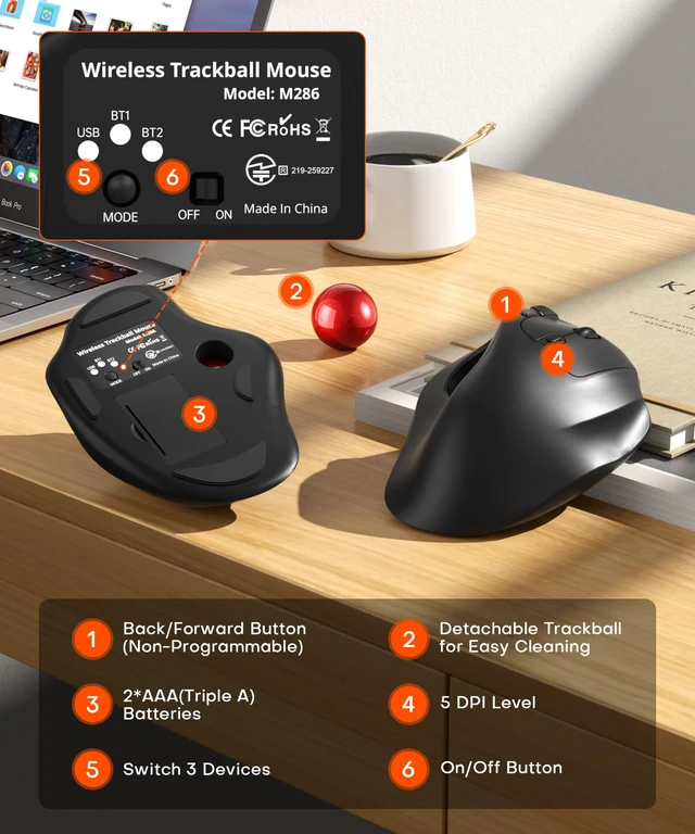 Alt view image 5 of 6 - Omikamo Ergonomic Wireless Trackball Mouse, Bluetooth & 2.4G, Red