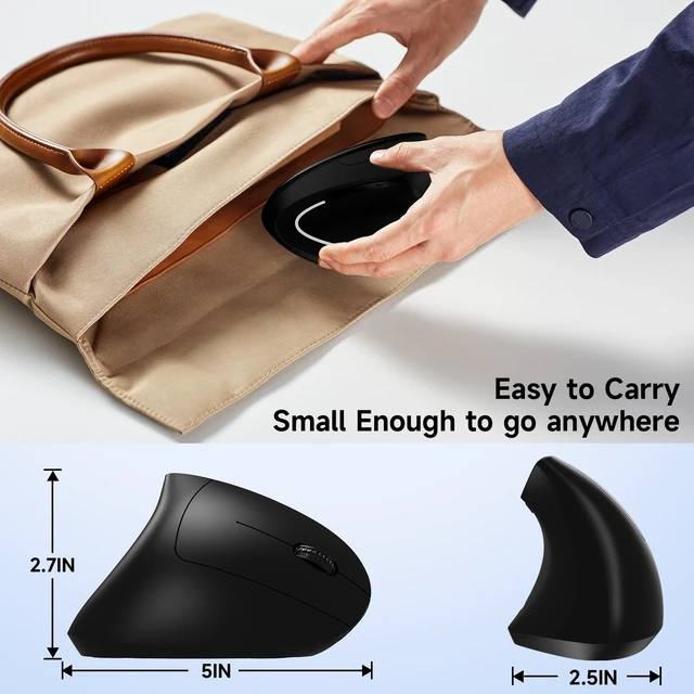 Alt view image 7 of 7 - Ergonomic Vertical Wireless Mouse Stylish Rechargeable 2.4G Optical Mice Cordless Mouse with USB Receiver, 800/1200 /1600 DPI, 5 Buttons for Laptop,PC,Mac,Computer (Black)