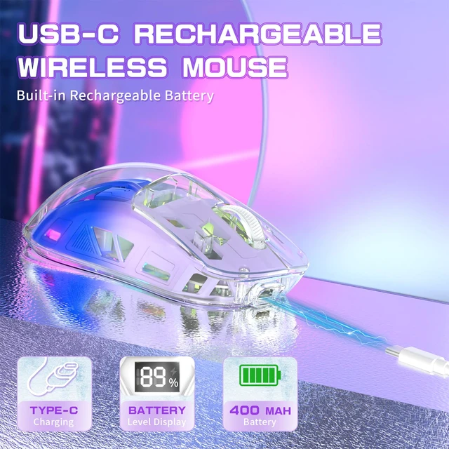 Alt view image 7 of 7 - ZIYOU LANG A2 Transparent Wireless Gaming Mouse with Battery Level Display,Bluetooth/2.4G Wireless PC Mice,3D RGB Backlit,5 Million Clicks,PixArt 3212,up to 4000 DPI for Win/MAC,Purple