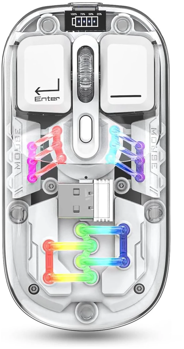 Main image of Wireless Bluetooth Mouse, Transparent BT + 2.4G Dual-Mode Mechanical Mouse with Magnetic Top Cover, Rechargeable RGB Backlit Gaming Mouse for Gaming/Esports/Desktop/Laptops/Tablets (White)