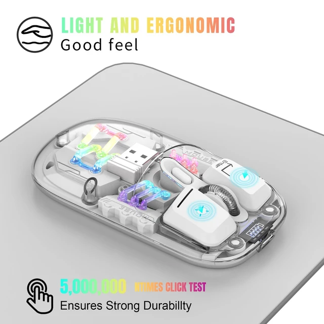 Alt view image 2 of 6 - Wireless Bluetooth Mouse, Transparent BT + 2.4G Dual-Mode Mechanical Mouse with Magnetic Top Cover, Rechargeable RGB Backlit Gaming Mouse for Gaming/Esports/Desktop/Laptops/Tablets (White)
