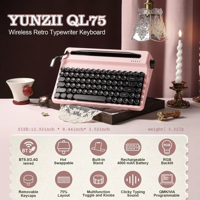 Alt view image 3 of 7 - YUNZII QL75 Wireless Typewriter Retro Mechanical Keyboard(Pink, Cocoa Cream V2 Switch), MOG Dye Sub PBT Keycaps(Pink Ice Cream)