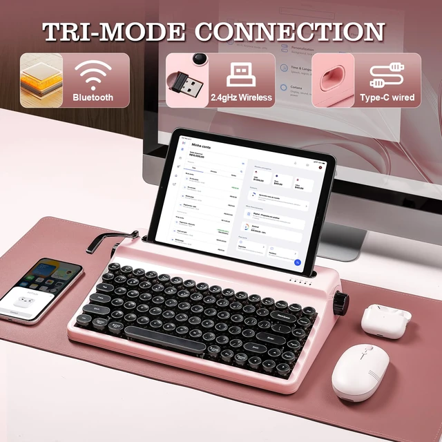 Alt view image 4 of 7 - YUNZII QL75 Wireless Typewriter Retro Mechanical Keyboard(Pink, Cocoa Cream V2 Switch), MOG Dye Sub PBT Keycaps(Pink Ice Cream)