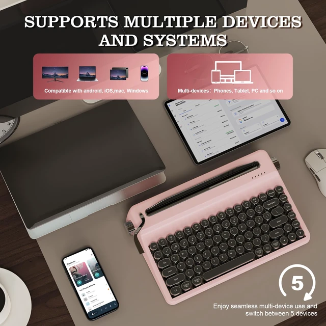 Alt view image 5 of 7 - YUNZII QL75 Wireless Typewriter Retro Mechanical Keyboard(Pink, Cocoa Cream V2 Switch), MOG Dye Sub PBT Keycaps(Pink Ice Cream)