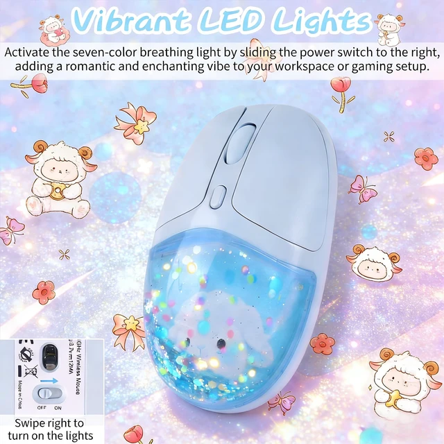 Alt view image 3 of 6 - elec Space Wireless Bluetooth Mouse -Cute Clear Aqua Design, Glitter Liquid Sand Water Mouse with Optical Precision, Silent Clicks, LED Breathing Light,Transparent Retro Style for Home Office (Blue)