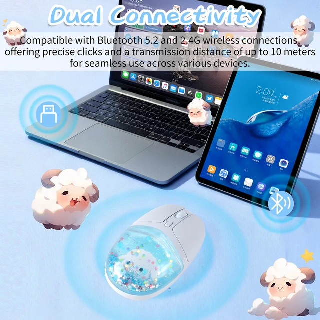 Alt view image 5 of 6 - elec Space Wireless Bluetooth Mouse -Cute Clear Aqua Design, Glitter Liquid Sand Water Mouse with Optical Precision, Silent Clicks, LED Breathing Light,Transparent Retro Style for Home Office (Blue)
