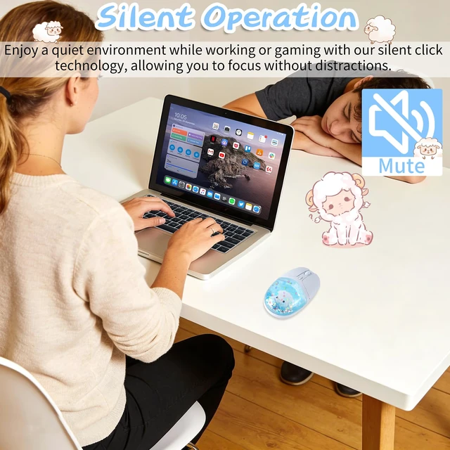 Alt view image 6 of 6 - elec Space Wireless Bluetooth Mouse -Cute Clear Aqua Design, Glitter Liquid Sand Water Mouse with Optical Precision, Silent Clicks, LED Breathing Light,Transparent Retro Style for Home Office (Blue)
