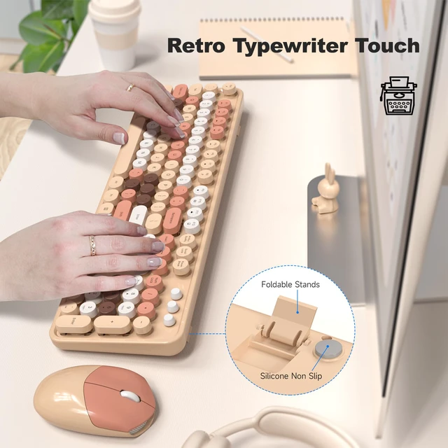 Alt view image 2 of 7 - Wireless Keyboard and Mouse Combo, 2.4GHz Retro Full-Size Typewriter Keyboard with Number Pad and Wireless Mouse for PC/Laptop/Desktop/Windows (Milk Tea Colorful)