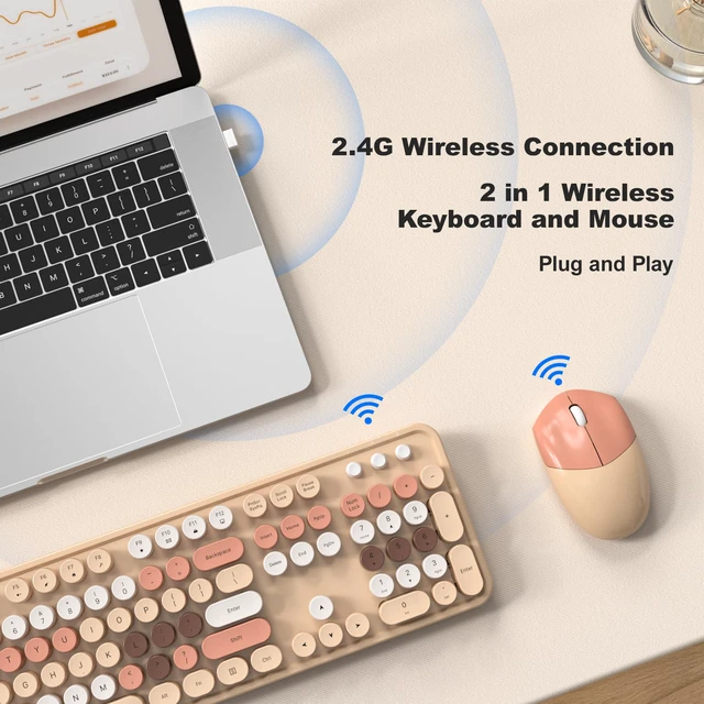 Alt view image 3 of 7 - Wireless Keyboard and Mouse Combo, 2.4GHz Retro Full-Size Typewriter Keyboard with Number Pad and Wireless Mouse for PC/Laptop/Desktop/Windows (Milk Tea Colorful)