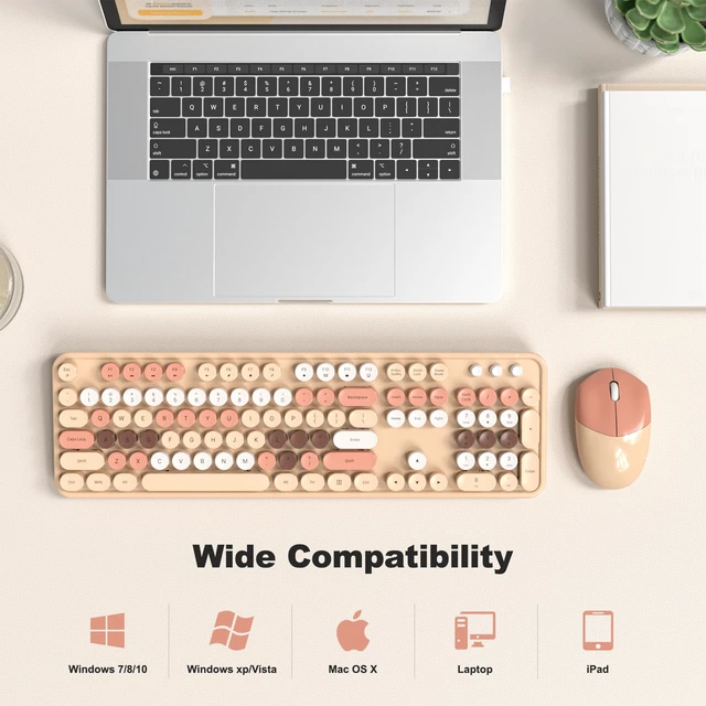 Alt view image 5 of 7 - Wireless Keyboard and Mouse Combo, 2.4GHz Retro Full-Size Typewriter Keyboard with Number Pad and Wireless Mouse for PC/Laptop/Desktop/Windows (Milk Tea Colorful)
