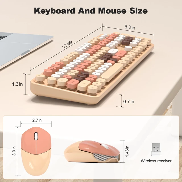 Alt view image 6 of 7 - Wireless Keyboard and Mouse Combo, 2.4GHz Retro Full-Size Typewriter Keyboard with Number Pad and Wireless Mouse for PC/Laptop/Desktop/Windows (Milk Tea Colorful)