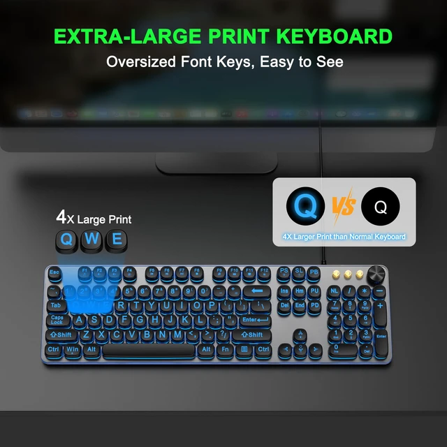 Alt view image 2 of 6 - QUASIO Large Print Backlit Keyboard with 7-Color Backlit, Wired USB Lighted Computer Keyboards Oversize Letters Keys Easy to See, Illuminated Keyboard for PC, Laptop,Windows Desktop