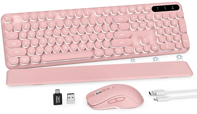 Main image of Wireless Keyboard and Mouse Combo, Round Backlit Keycaps, Retro Typewriter Keyboard with Detachable Wrist Rest, Rechargeable & Tilt Legs, 2.4GHz Cordless Connection for Windows/PC (Glowing Pink)
