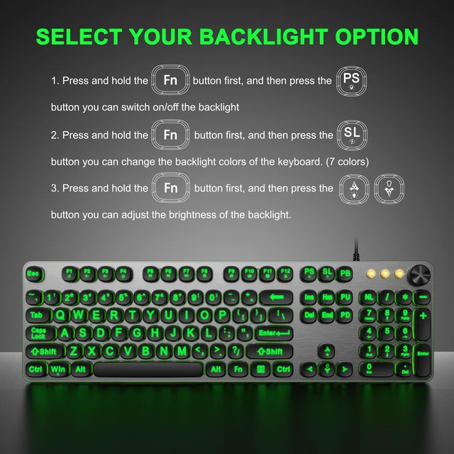 Alt view image 4 of 6 - QUASIO Large Print Backlit Keyboard with 7-Color Backlit, Wired USB Lighted Computer Keyboards Oversize Letters Keys Easy to See, Illuminated Keyboard for PC, Laptop,Windows Desktop