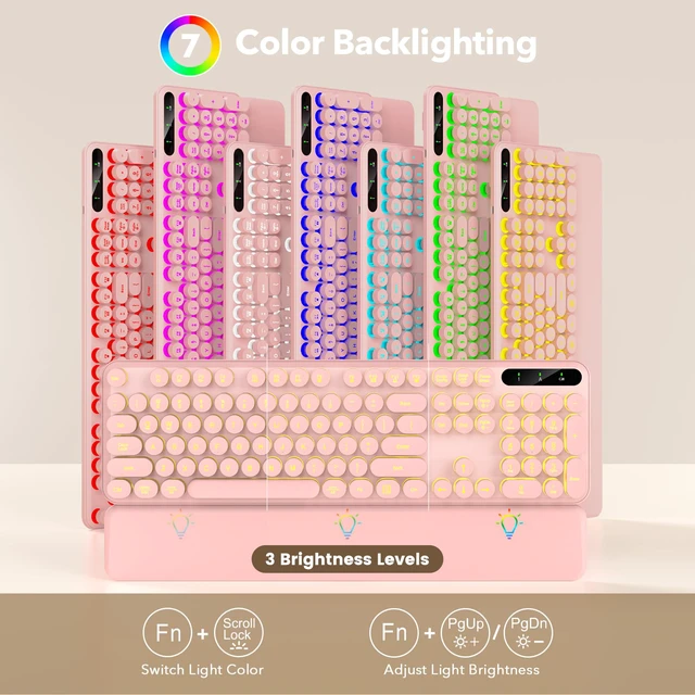 Alt view image 2 of 7 - Wireless Keyboard and Mouse Combo, Round Backlit Keycaps, Retro Typewriter Keyboard with Detachable Wrist Rest, Rechargeable & Tilt Legs, 2.4GHz Cordless Connection for Windows/PC (Glowing Pink)