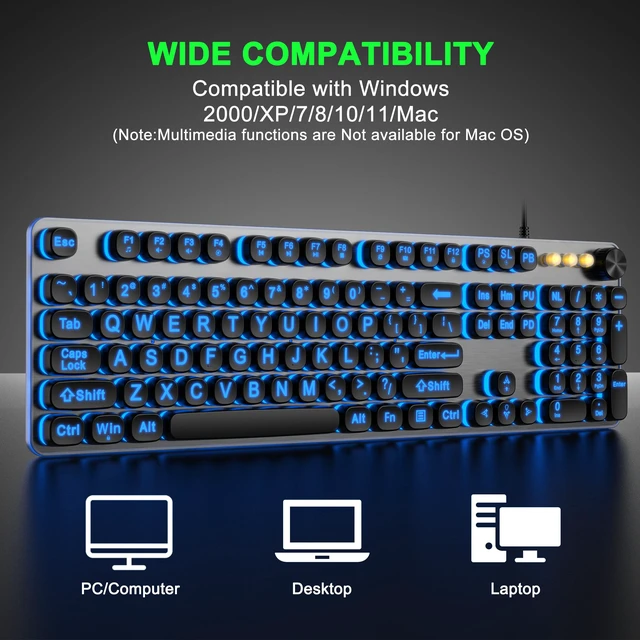 Alt view image 6 of 6 - QUASIO Large Print Backlit Keyboard with 7-Color Backlit, Wired USB Lighted Computer Keyboards Oversize Letters Keys Easy to See, Illuminated Keyboard for PC, Laptop,Windows Desktop