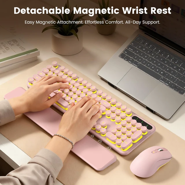 Alt view image 3 of 7 - Wireless Keyboard and Mouse Combo, Round Backlit Keycaps, Retro Typewriter Keyboard with Detachable Wrist Rest, Rechargeable & Tilt Legs, 2.4GHz Cordless Connection for Windows/PC (Glowing Pink)