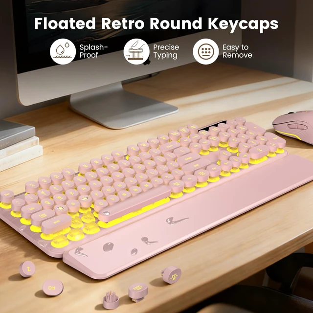 Alt view image 4 of 7 - Wireless Keyboard and Mouse Combo, Round Backlit Keycaps, Retro Typewriter Keyboard with Detachable Wrist Rest, Rechargeable & Tilt Legs, 2.4GHz Cordless Connection for Windows/PC (Glowing Pink)
