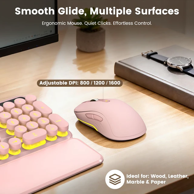 Alt view image 5 of 7 - Wireless Keyboard and Mouse Combo, Round Backlit Keycaps, Retro Typewriter Keyboard with Detachable Wrist Rest, Rechargeable & Tilt Legs, 2.4GHz Cordless Connection for Windows/PC (Glowing Pink)