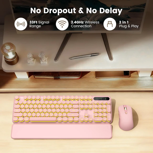 Alt view image 6 of 7 - Wireless Keyboard and Mouse Combo, Round Backlit Keycaps, Retro Typewriter Keyboard with Detachable Wrist Rest, Rechargeable & Tilt Legs, 2.4GHz Cordless Connection for Windows/PC (Glowing Pink)