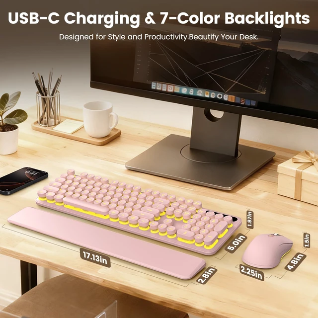 Alt view image 7 of 7 - Wireless Keyboard and Mouse Combo, Round Backlit Keycaps, Retro Typewriter Keyboard with Detachable Wrist Rest, Rechargeable & Tilt Legs, 2.4GHz Cordless Connection for Windows/PC (Glowing Pink)