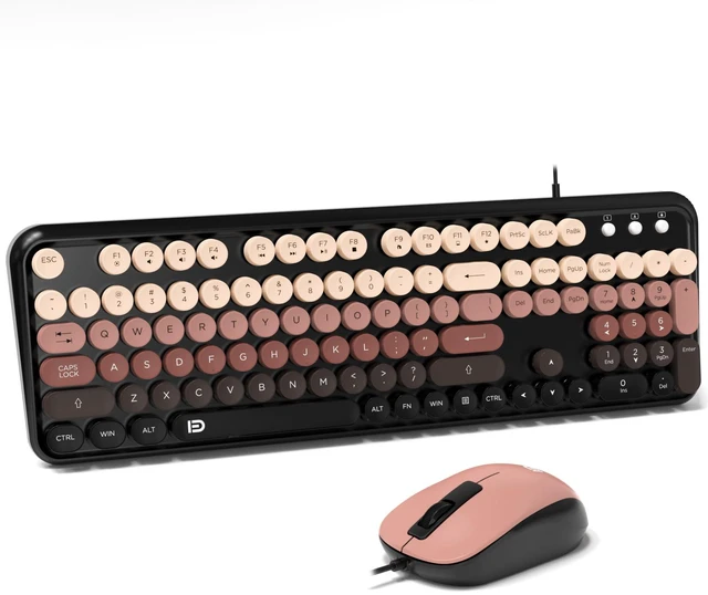 Main image of FOPETT 8870P Wired Keyboard and Mouse Combo - Full-Sized Computer Keyboards with 104 Round Keys Retro Typewriter Mouse and Keyboard for PC Windows Desktop Laptop - Black-Berry Colorful