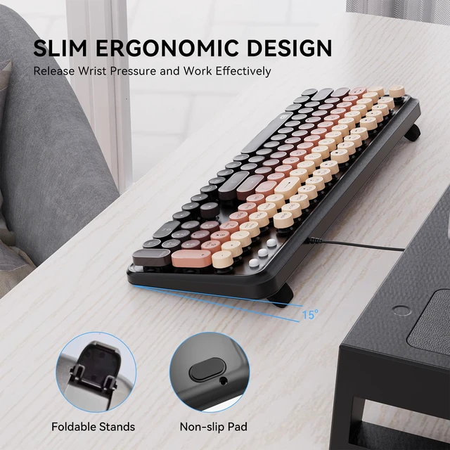 Alt view image 2 of 7 - FOPETT 8870P Wired Keyboard and Mouse Combo - Full-Sized Computer Keyboards with 104 Round Keys Retro Typewriter Mouse and Keyboard for PC Windows Desktop Laptop - Black-Berry Colorful