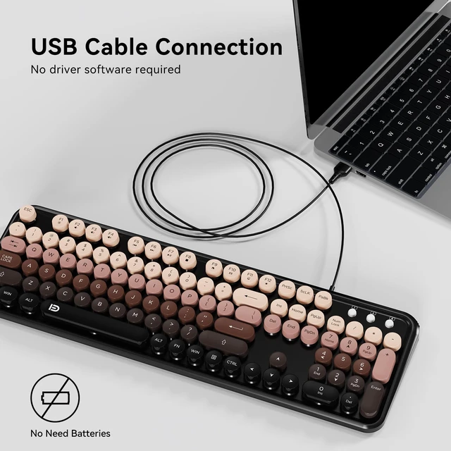 Alt view image 3 of 7 - FOPETT 8870P Wired Keyboard and Mouse Combo - Full-Sized Computer Keyboards with 104 Round Keys Retro Typewriter Mouse and Keyboard for PC Windows Desktop Laptop - Black-Berry Colorful