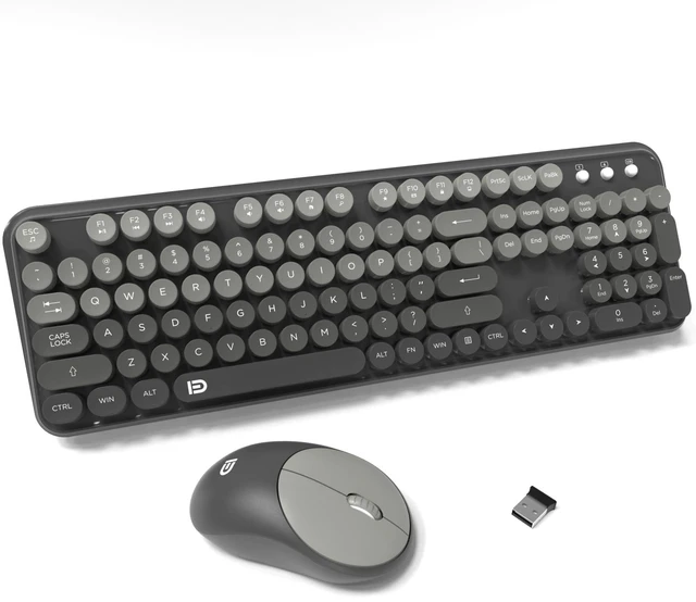Main image of FOPETT Wireless Keyboard and Mouse Combo - Cute Colorful Mouse and Keyboard 2.4G Full-Sized with 104 Round Keys Retro Typewriter Keyboards for Laptop/Windows/PC - Grey Gradient