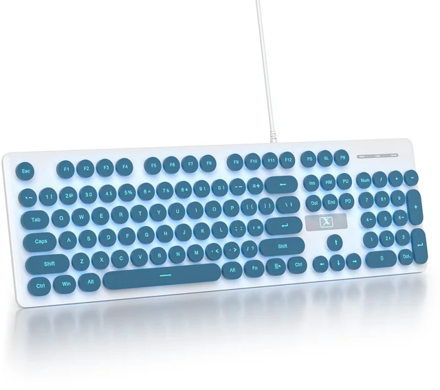 Main image of Retro Typewriter Blue Keyboard Full Size, 104 Keys LED Backlit Wired Membrane Keyboard with Number Pad, Ultra Slim Quiet Home/Office Computer Keyboard for PC, Laptop, Desktop (Blue)