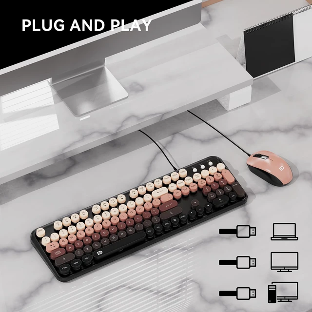 Alt view image 5 of 7 - FOPETT 8870P Wired Keyboard and Mouse Combo - Full-Sized Computer Keyboards with 104 Round Keys Retro Typewriter Mouse and Keyboard for PC Windows Desktop Laptop - Black-Berry Colorful