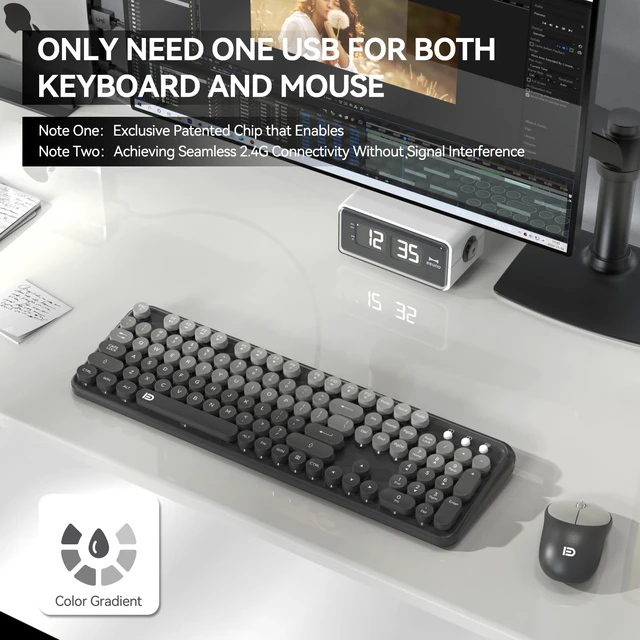 Alt view image 2 of 7 - FOPETT Wireless Keyboard and Mouse Combo - Cute Colorful Mouse and Keyboard 2.4G Full-Sized with 104 Round Keys Retro Typewriter Keyboards for Laptop/Windows/PC - Grey Gradient