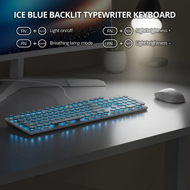 Alt view image 2 of 7 - Retro Typewriter Blue Keyboard Full Size, 104 Keys LED Backlit Wired Membrane Keyboard with Number Pad, Ultra Slim Quiet Home/Office Computer Keyboard for PC, Laptop, Desktop (Blue)