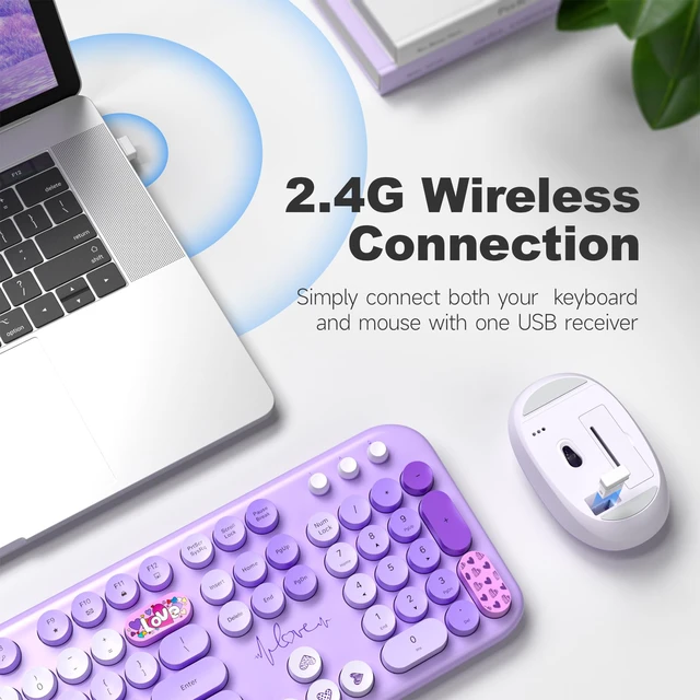 Alt view image 2 of 7 - MOFII Wireless Keyboard and Mouse Combo, Full-Size Retro Typewriter-Style Wireless Keyboard with Optical Mouse for Computer/Laptop/Windows/Mac (Purple Mixed)